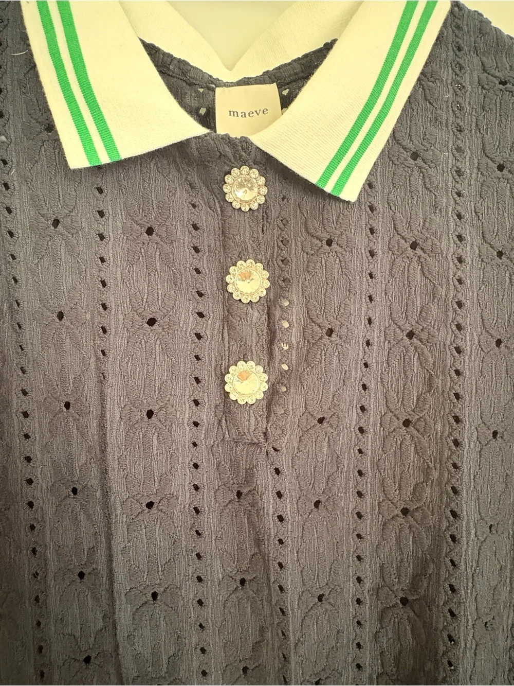 Anthropologie Navy Eyelet Polo Top with White & Green Trim